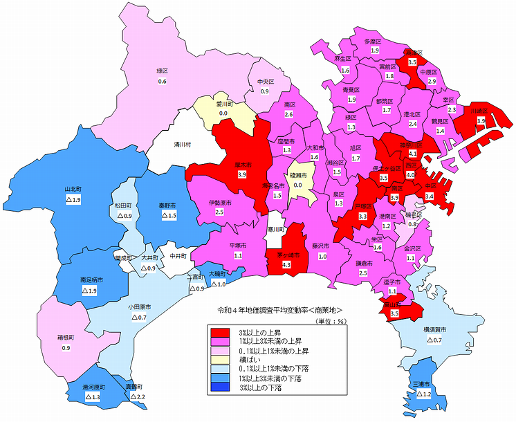 令和４年地価調査　平均変動率地図（商業地）