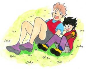 一緒に遊んでいる少年と子どものイラスト