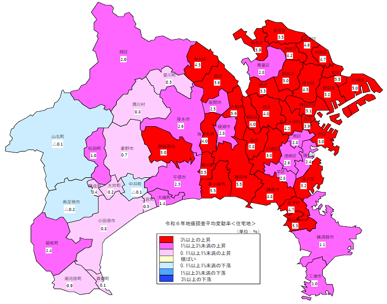 令和6年地価調査平均変動率地図（住宅地）