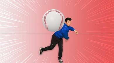ミビョーマンに喝を入れる投球ポーズの未病番長のシーン
