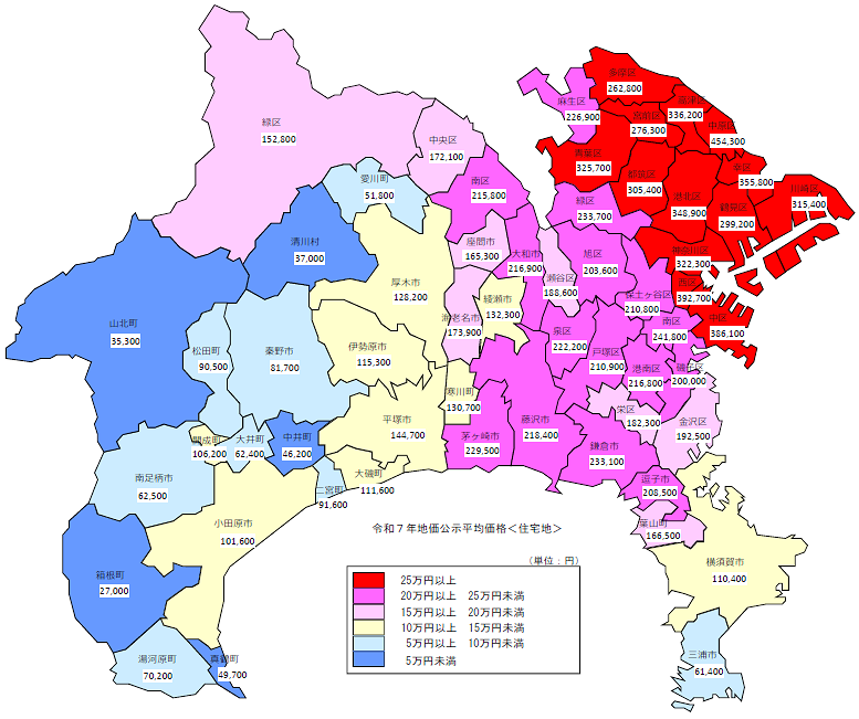 令和7年地価公示（神奈川県分）　市区町村別　平均価格地図（住宅地）