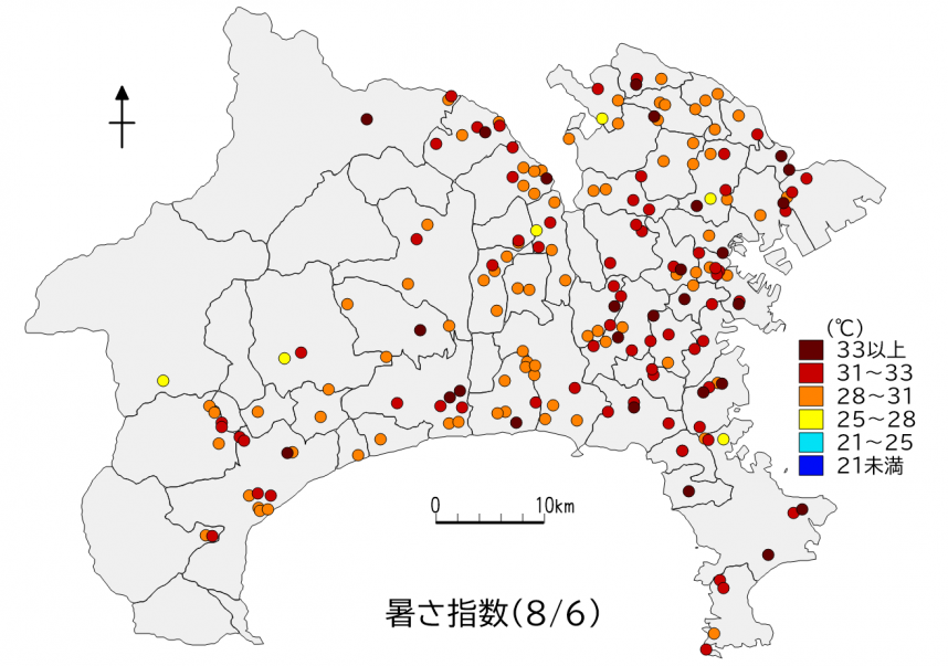 県内暑さ指数マップ（2024年8月6日）