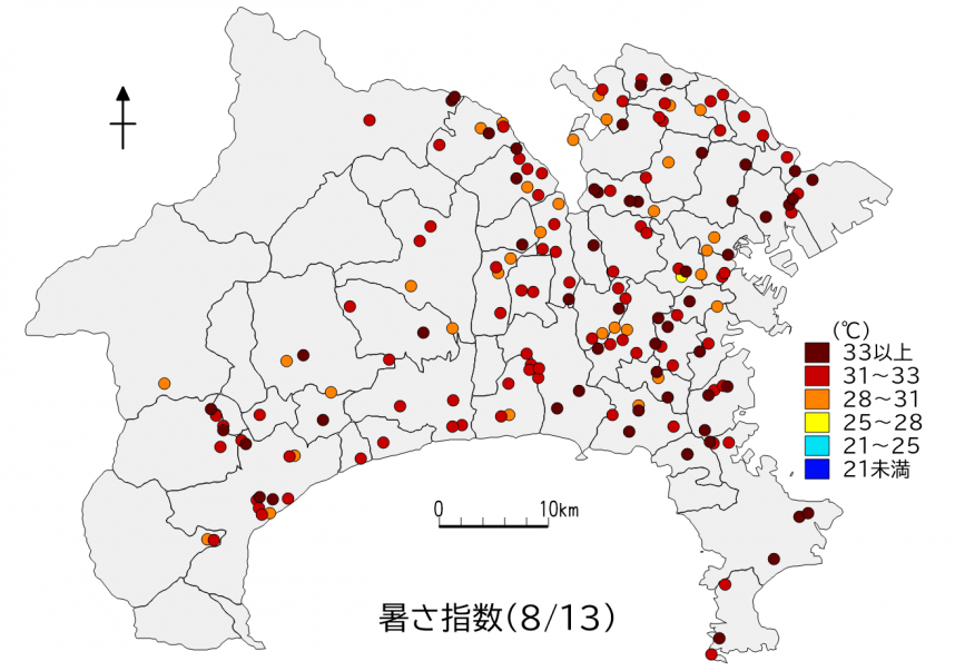 県内暑さ指数マップ（2024年8月13日）