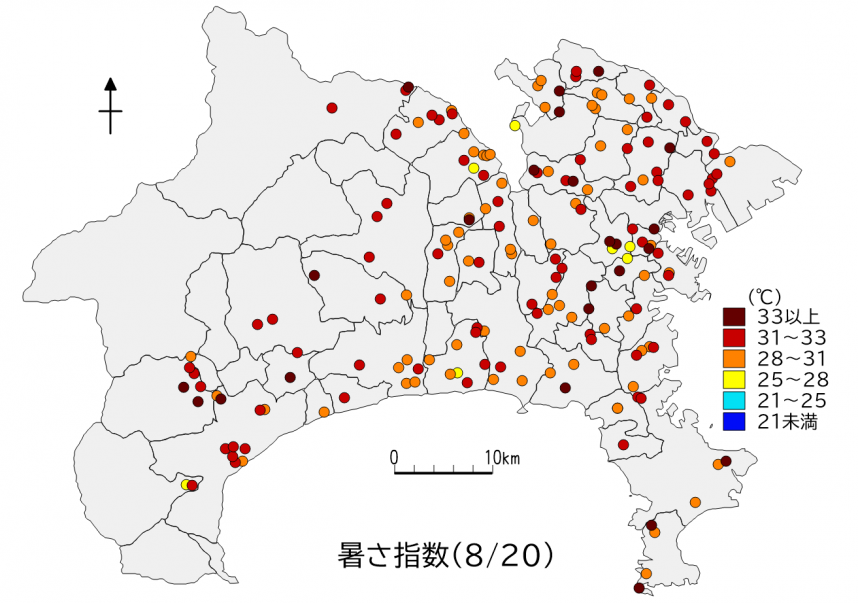 県内暑さ指数マップ（2024年8月20日）