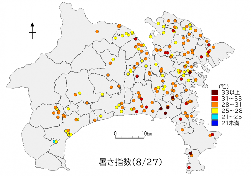 県内暑さ指数マップ（2024年8月27日）