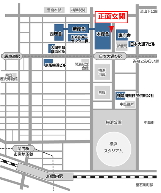 県本庁舎地図、正面玄関は山下公園側