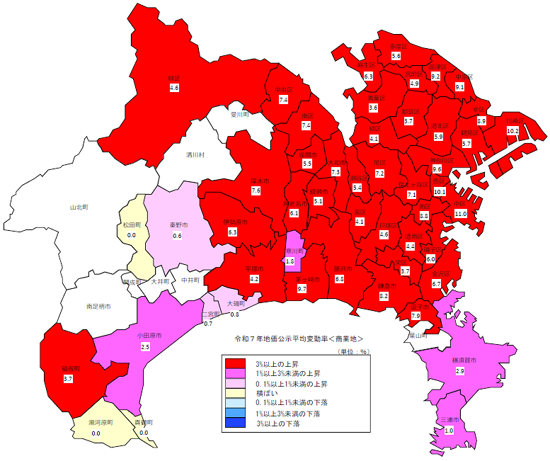 令和7年地価公示(神奈川県分) 市区町村別 平均変動率地図(商業地)