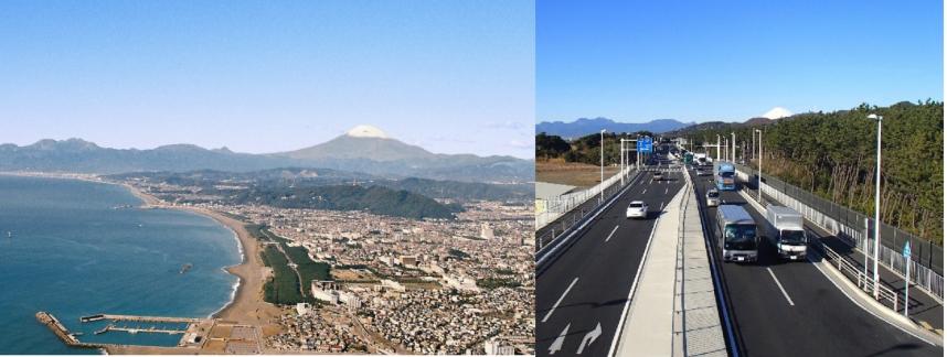 「平塚海岸と富士山」と「海岸沿いの国道134号」