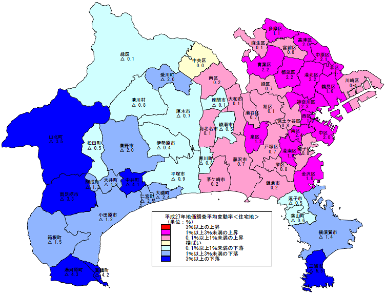 平成27年地価調査 市区町村別 平均変動率地図(住宅地)