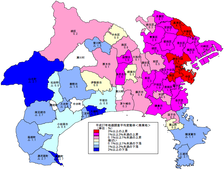 平成27年地価調査 市区町村別 平均変動率地図(商業地)