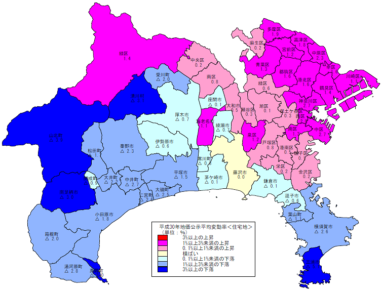 平成30年地価公示(神奈川県分) 市区町村別 平均変動率地図(住宅地)