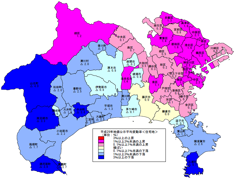 平成29年地価公示(神奈川県分) 市区町村別 平均変動率地図(住宅地)
