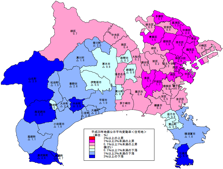 平成28年地価公示(神奈川県分) 平均変動率地図(住宅地)
