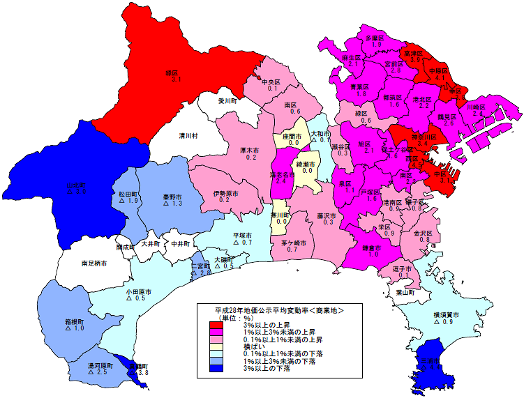 平成28年地価公示(神奈川県分) 平均変動率地図(商業地)