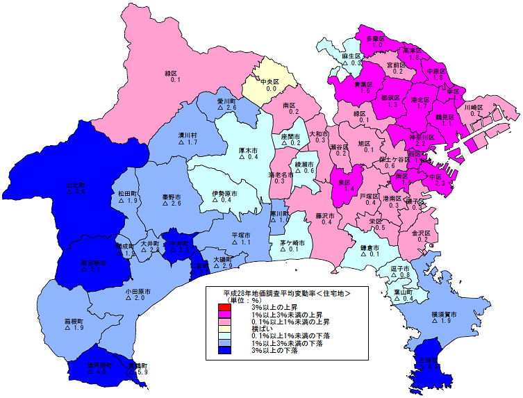 平成28年地価調査 市区町村別 平均変動率地図(住宅地)