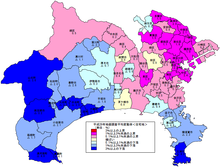 平成29年地価調査 市区町村別 平均変動率地図(住宅地)