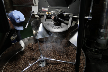 コーヒー豆の冷却と豆の状況確認風景