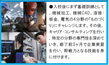 入校後に機械加工、機械CAD、溶接板金、電気の4分野のものづくりにチャレンジします。特定分野の専門性を深め企業実習を行います。