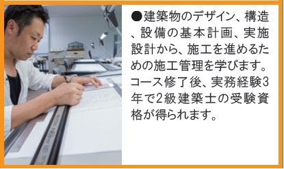 建築物のデザイン、構造、設備の基本計画、実施設計、施工管理を学びます。