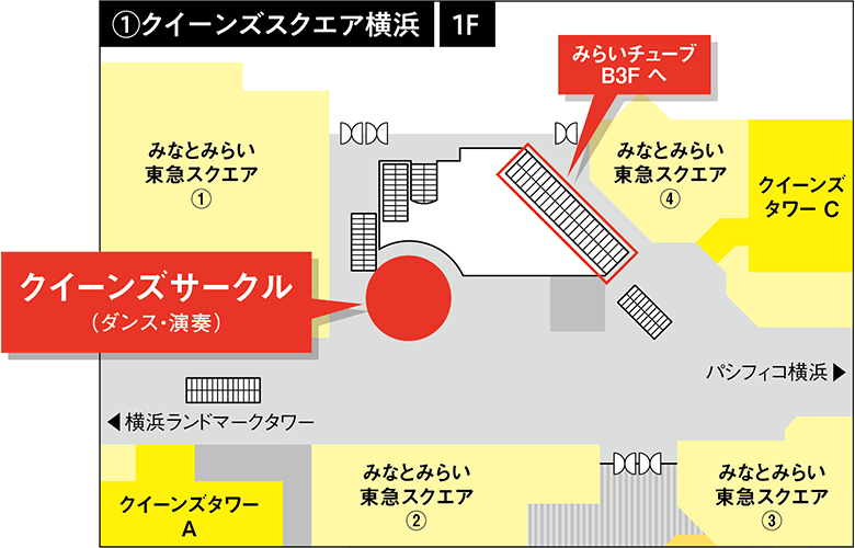 会場①であるクイーンズスクエア横浜「クイーンズサークル」の位置と周辺施設を示した案内マップ。施設名や導線が視覚的に表示されている。