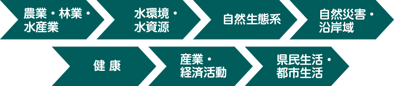 農業・林業・水産業、水環境・水資源、自然生態系、自然災害・沿岸域、健康、産業・経済活動、県民生活・都市生活