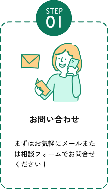 ステップ1、お問い合わせ、まずはお気軽にメールまたは相談フォームでお問い合わせください。
