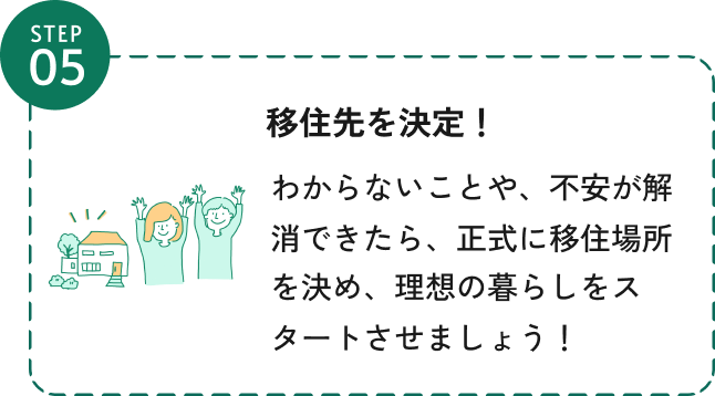 ステップ5、移住先を決定！！、わからないことや、不安が解消できたら、正式に移住場所を決め、理想の暮らしをスタートさせましょう！