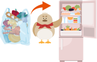 茶色のカモメが買った食材を冷蔵庫にしまっているイラスト