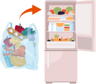 茶色のカモメが買った食材を冷蔵庫にしまっているイラスト
