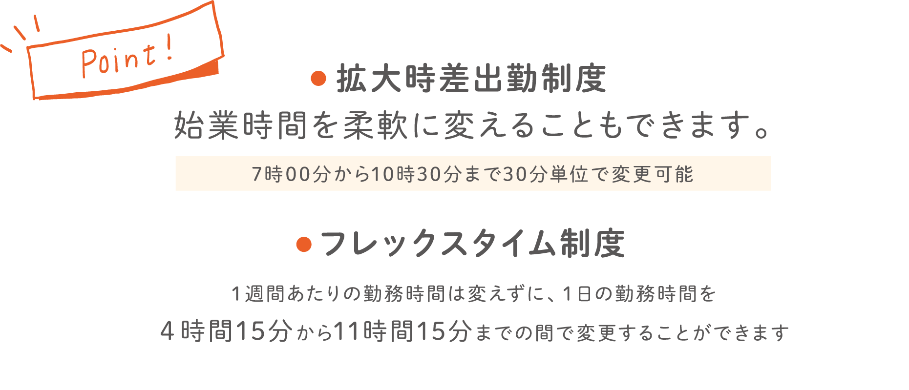 Point! 拡大時差出勤制度始業時間を柔軟に変えることもできます。 7時00分から10時30分まで30分単位で変更可能 フレックスタイム制度1週間あたりの勤務時間は変えずに、1日の勤務時間を4時間15分から11時間15分までの間で変更することができます
